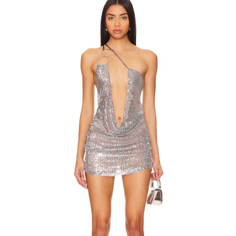 Jaded London - Silver Vixen Mini Dress - Draped Mini Dress With Ring Detail